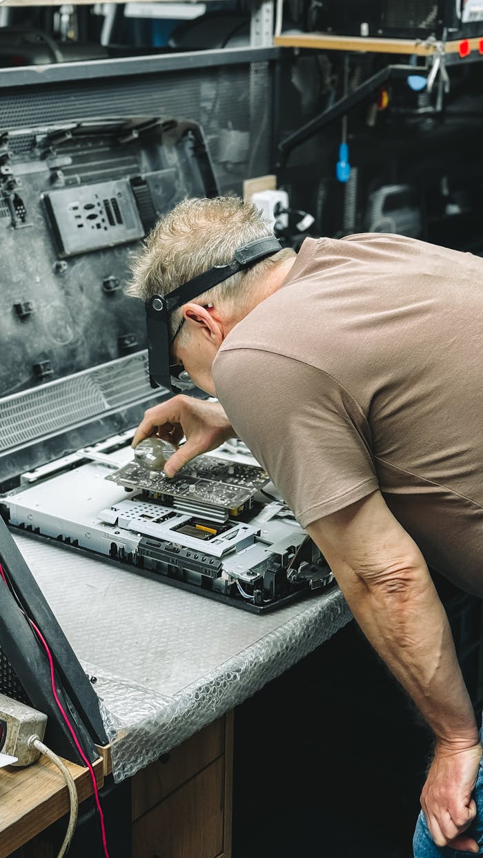 Technician carefully examining and repairing a computer's internal hardware components in a workshop.